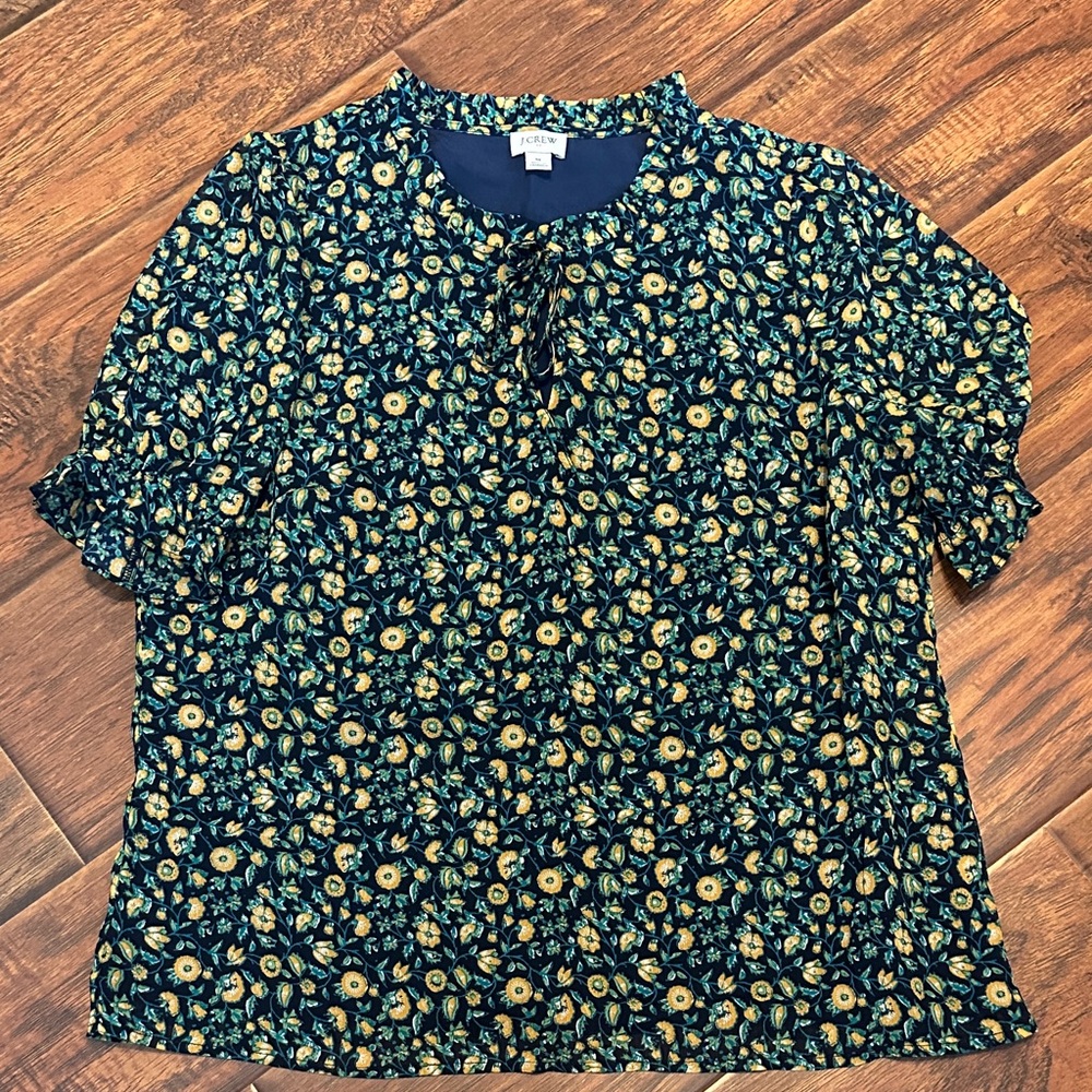 J. Crew Navy and Yellow Floral Blouse